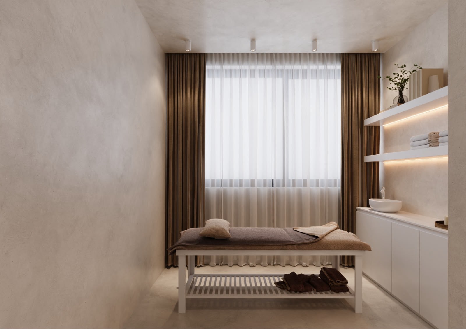 Gabinete de Massagens com Marquesa em Madeira Clara e Cortinas Translúcidas